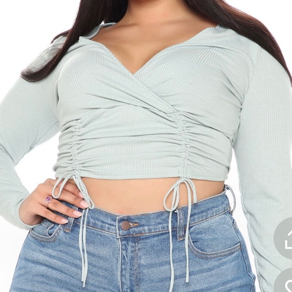 FASHION NOVA Sage Ruched And Stunning Ribbed Top - Picture 2 of 3